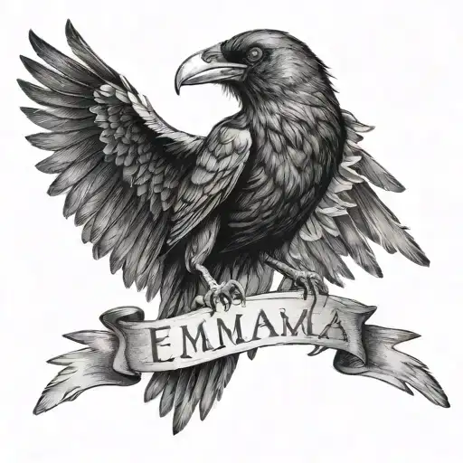 Black crow protecting with its wings the name Emma written in the lettering tattoo design idea