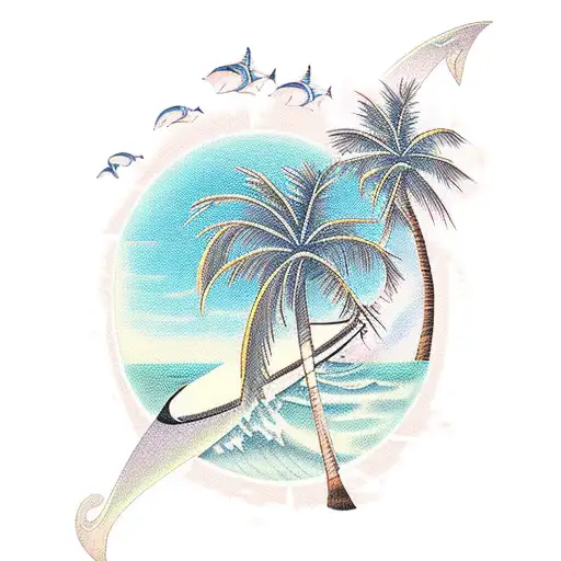 A serene beach landscape with palm trees, waves, and a variety of marine creatures tattoo design idea