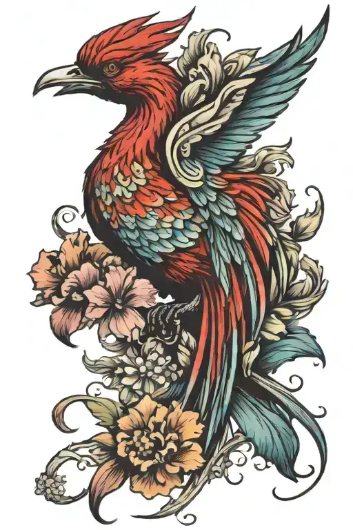 imagine a small tattoo drawing of a red but colorful phoenix bird that is coming to land on a bed of hyacinth flowers tattoo design idea