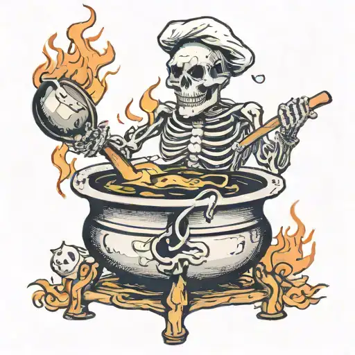 humanoid skeleton sitting in boiling witches cauldron, stirring with paddle, chefs hat, fire under cauldron tattoo design idea