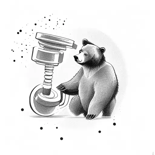 A bear lifting a stack of office supplies with ghostly dumbbells tattoo design idea