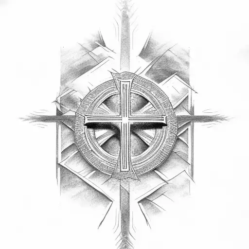 Christian Cross, Mountain, River tattoo design idea