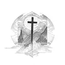 Christian Cross, Mountain, River tattoo design idea