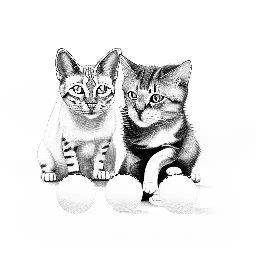 A portrait of your old dog and cat sitting together on a hill, with tennis balls and footballs scattered around them tattoo design idea