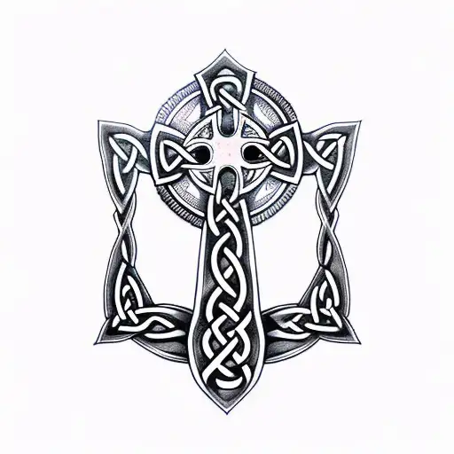 Irish Celtic cross with a wolf on the one side and a dragon in the other side tattoo design idea
