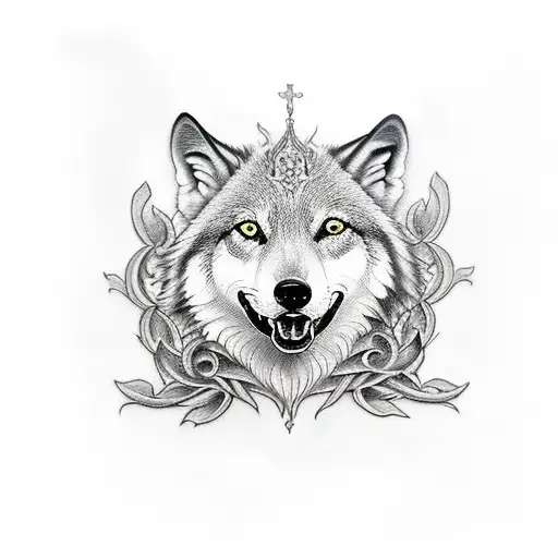 Brompton cross and wolf tattoo design idea