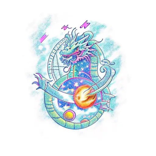 A cosmic dragon playing a GameBoy in space tattoo design idea