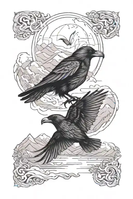ravens muninn and huginn flying in a fjord landscape tattoo design idea