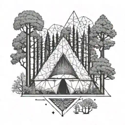 A geometric tattoo featuring a tent with intricate fractal patterns blending into a forest of trees tattoo design idea