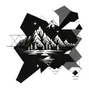 A geometric mountain landscape with intricate fractal patterns tattoo design idea