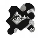 A geometric mountain landscape with intricate fractal patterns tattoo design idea