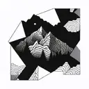 A geometric mountain landscape with intricate fractal patterns tattoo design idea