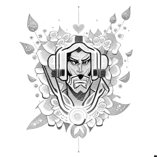 A dotwork tattoo of Striker from Helluva Boss surrounded by flowers and music notes tattoo design idea