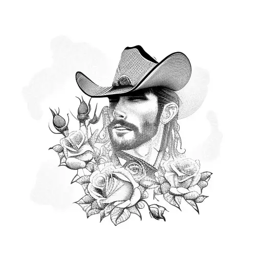 A detailed blackwork tattoo of a cowboy playing a guitar with roses blooming around him tattoo design idea