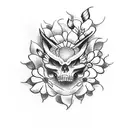 A dotwork tattoo of Striker from Helluva Boss surrounded by flowers and music notes tattoo design idea