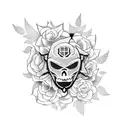A dotwork tattoo of Striker from Helluva Boss surrounded by flowers and music notes tattoo design idea