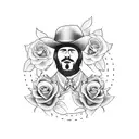 A detailed blackwork tattoo of a cowboy playing a guitar with roses blooming around him tattoo design idea
