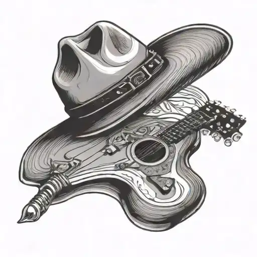 Acoustic guitar with a cowboy hat hanging on the neck tattoo design idea