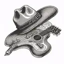 Acoustic guitar with a cowboy hat hanging on the neck tattoo design idea