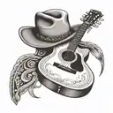 Acoustic guitar with a cowboy hat hanging on the neck tattoo design idea