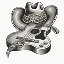 Acoustic guitar with a cowboy hat hanging on the neck tattoo design idea