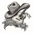 Acoustic guitar with a cowboy hat hanging on the neck tattoo design idea