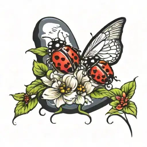 ladybugs with flowered headstone  tattoo design idea