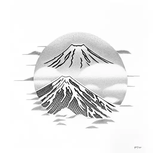 Mount Fuji landscape with a rising sun and the client's favorite Japanese poem written in Japanese alphabet tattoo design idea