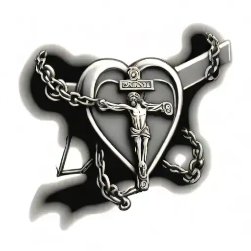 crucifiction jesus christ heart and a rosary hanging tattoo design idea
