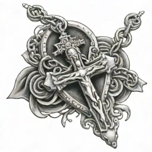 the cross jesus christ heart and a rosary  tattoo design idea