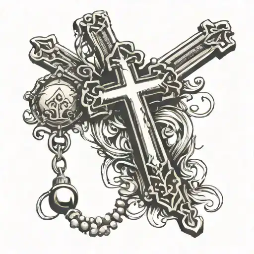 the cross jesus christ heart and a rosary hanging tattoo design idea