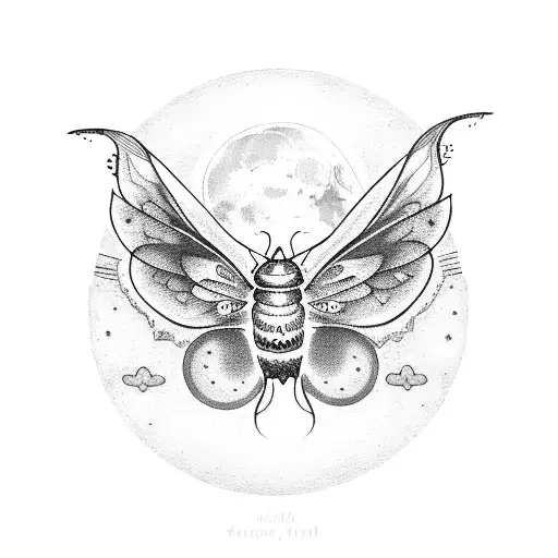 A dotwork tattoo of a cat with luna moth wings flying over a Mexican landscape with a moon in the sky tattoo design idea