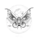 A dotwork tattoo of a cat with luna moth wings flying over a Mexican landscape with a moon in the sky tattoo design idea