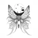 A dotwork tattoo of a cat with luna moth wings flying over a Mexican landscape with a moon in the sky tattoo design idea