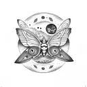 A dotwork tattoo of a cat with luna moth wings flying over a Mexican landscape with a moon in the sky tattoo design idea