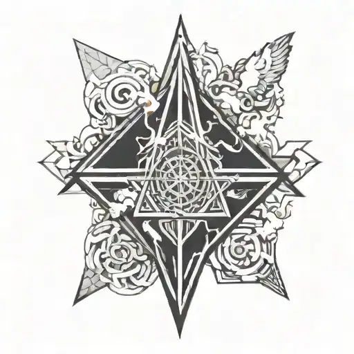 A geometric interpretation of the Holy Trinity symbolized by interconnected shapes representing God, Jesus, and the Holy Spirit, set against a backdrop of billowing clouds tattoo design idea