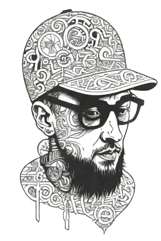 Mac Miller tribute that includes his albums "Faces", "GO:0D AM", "Circles", and "Swimming" tattoo design idea