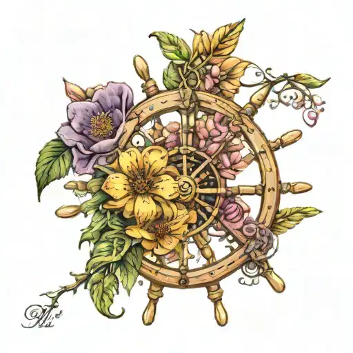 Birth Flowers November, July, January, April on a ships wheel feminine tattoo design idea