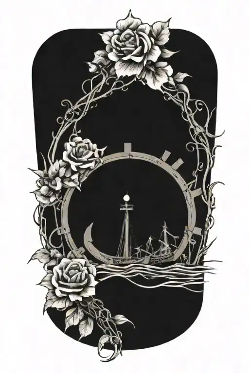 ships wheel at top with flowers and vines cascading down from it  tattoo design idea