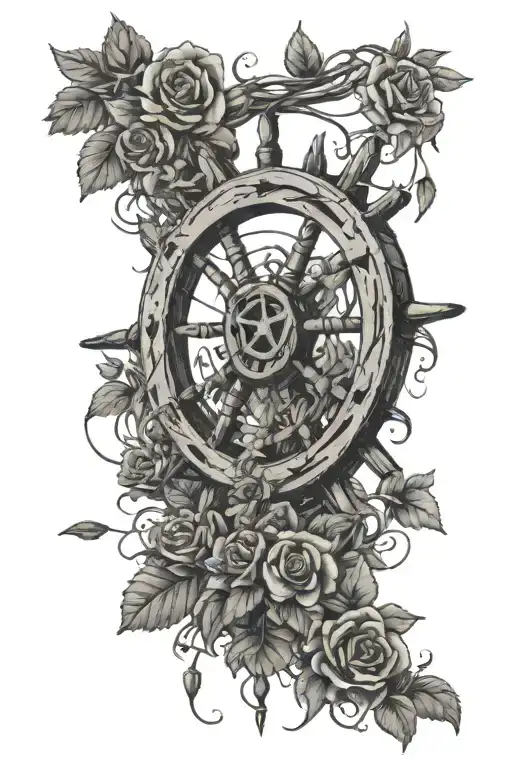 ships wheel at top with flowers and vines cascading down from it. the vines form a heart tattoo design idea