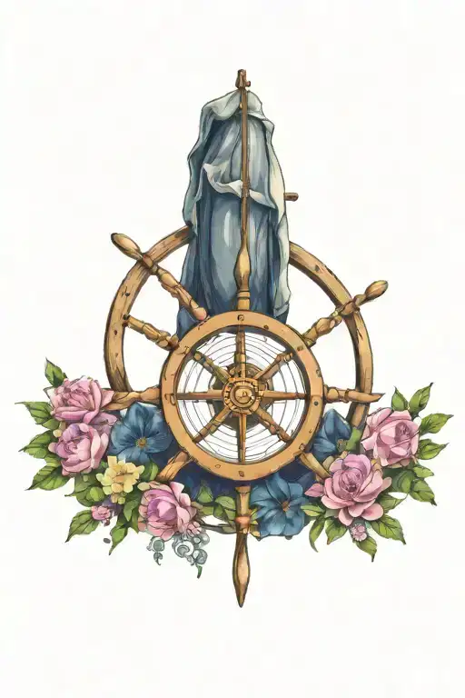 ships wheel nautical feminine with birth flowers From November July January and April having authentic color tattoo design idea