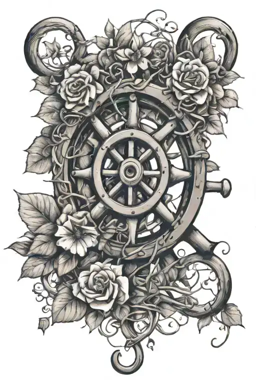 ships wheel with flowers and vines cascading down. the vines form a heart. add some rope being towed by an airplane tattoo design idea
