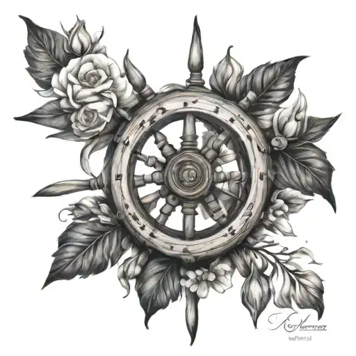 Ships wheel with Birth Flowers of November July January April tattoo design idea