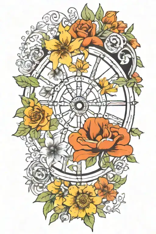 birth flowers November July January and April on ship wheel  tattoo design idea