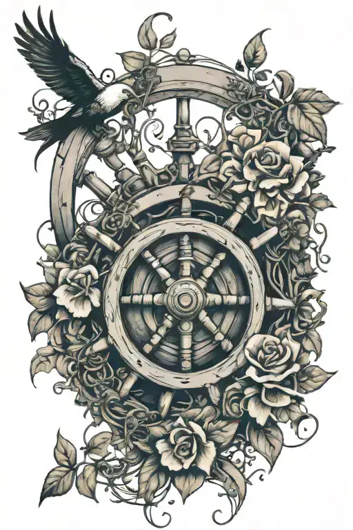 ships wheel with flowers and vines cascading down. the vines form a heart. add some rope being towed by an airplane tattoo design idea