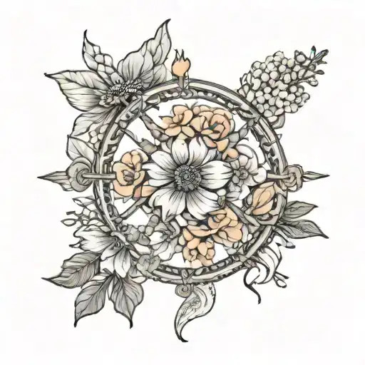 Birth Flowers November, July, January, April on a ships wheel feminine bright color and thin line work  tattoo design idea