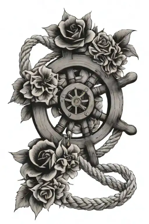 ships wheel with flowers and rope intertwined. have the rope form a heart  tattoo design idea