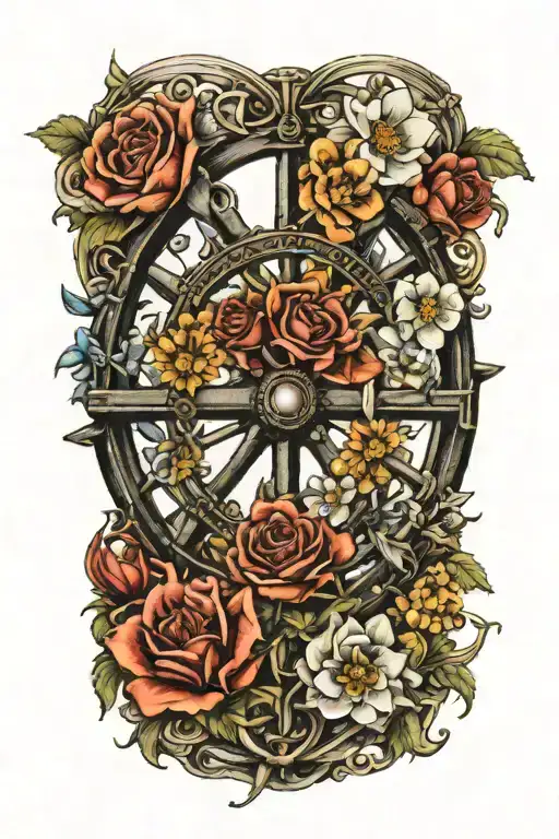 birth flowers November July January and April on ship wheel  tattoo design idea
