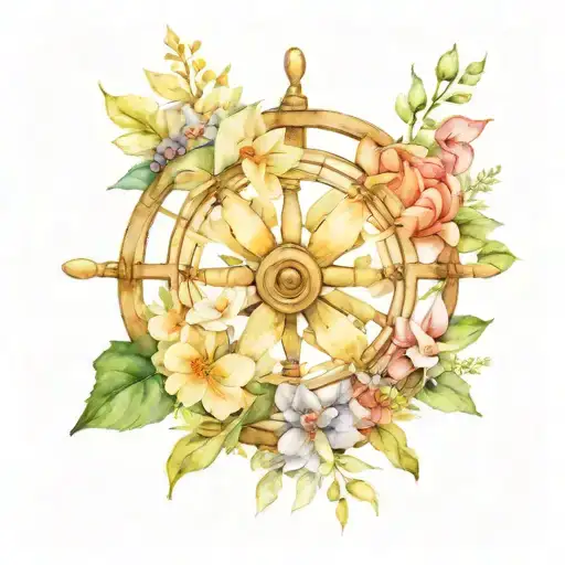 Birth Flowers November, July, January, April on a ships wheel feminine tattoo design idea