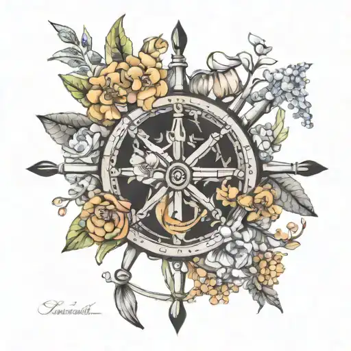 Birth Flowers November, July, January, April on a ships wheel feminine tattoo design idea